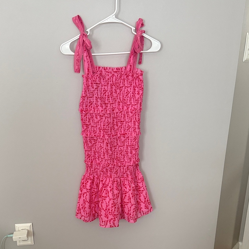 Pink Smocked Midi Dress with Tie Straps